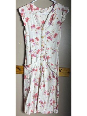 Monteau LA A-line Dress Floral Button Midi Pockets Shirtdress Cottagecore Wom XS